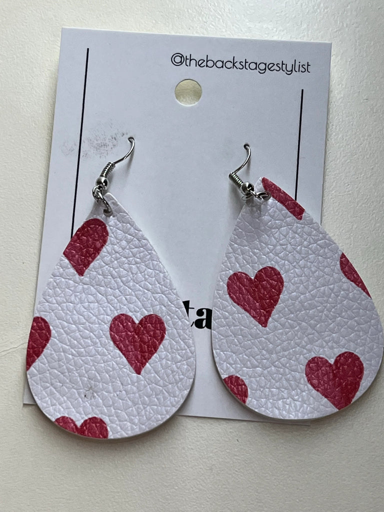 Leather tear drop earrings white with hearts