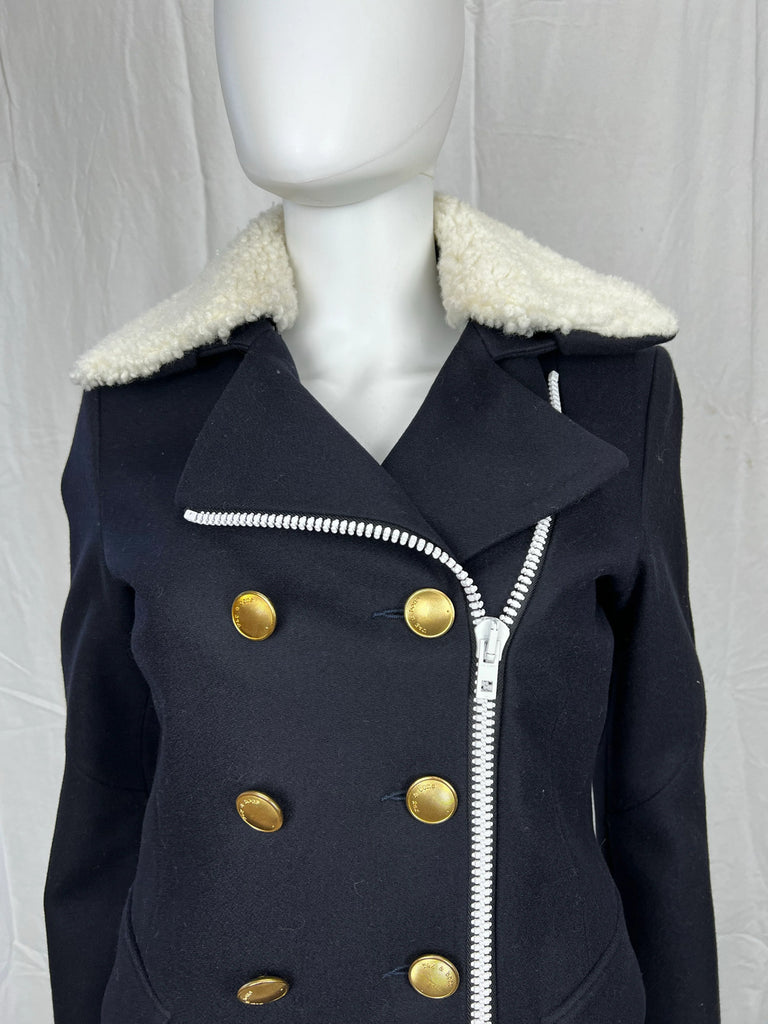 Rag & Bone Navy Peacoat with white zipper and Sherpa Collar sz 4