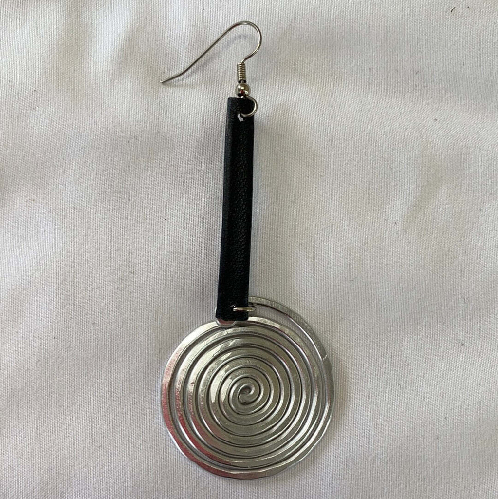 Leather Metal spiral disc earrings