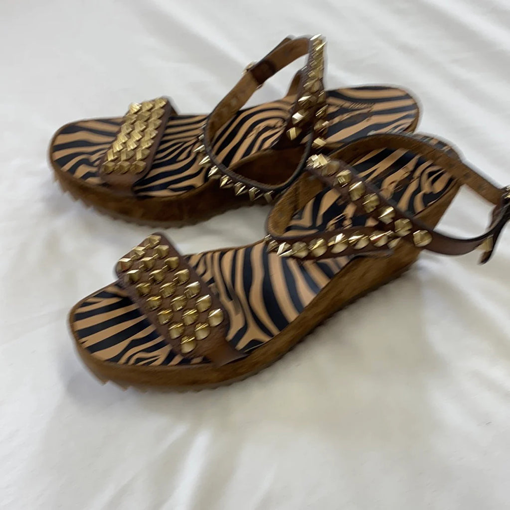 Pedro garcia gold spiked, animal print wedges