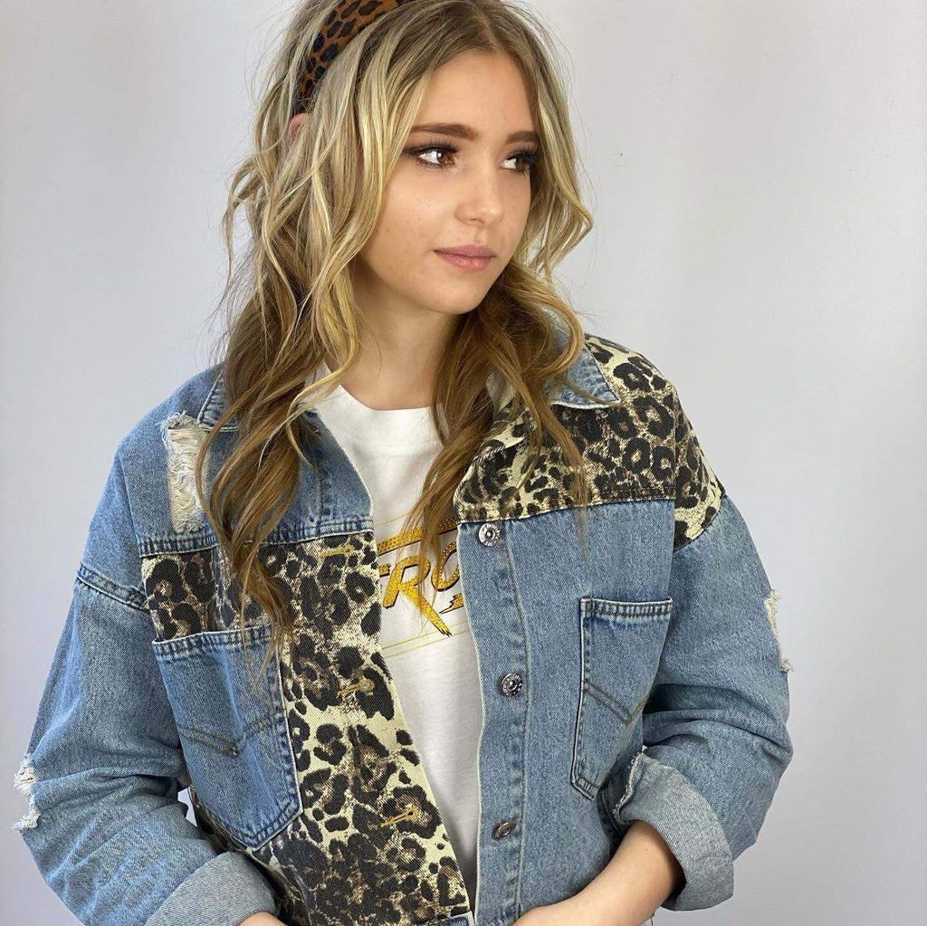 ESLEY - Leopard Splicing Denim Jacket