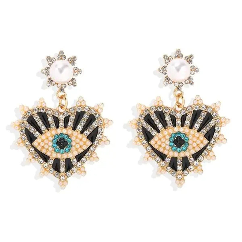 Evil Eye Black Heart Earrings with crystals & Pearls