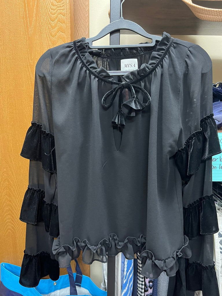 Misa sheer blouse with velvet ruffle sz S