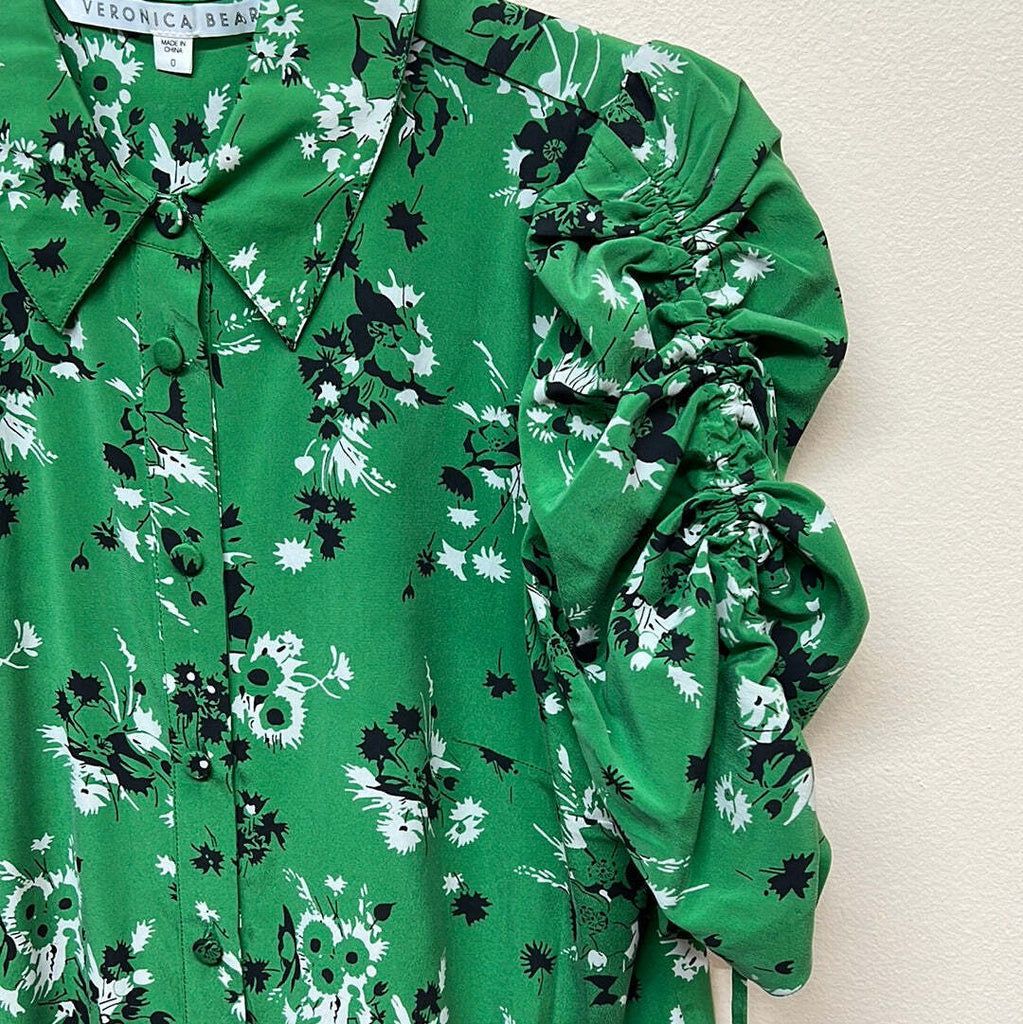 Veronica Beard Green Floral Button-Down Silk Puff Sleeve Blouse Size 0