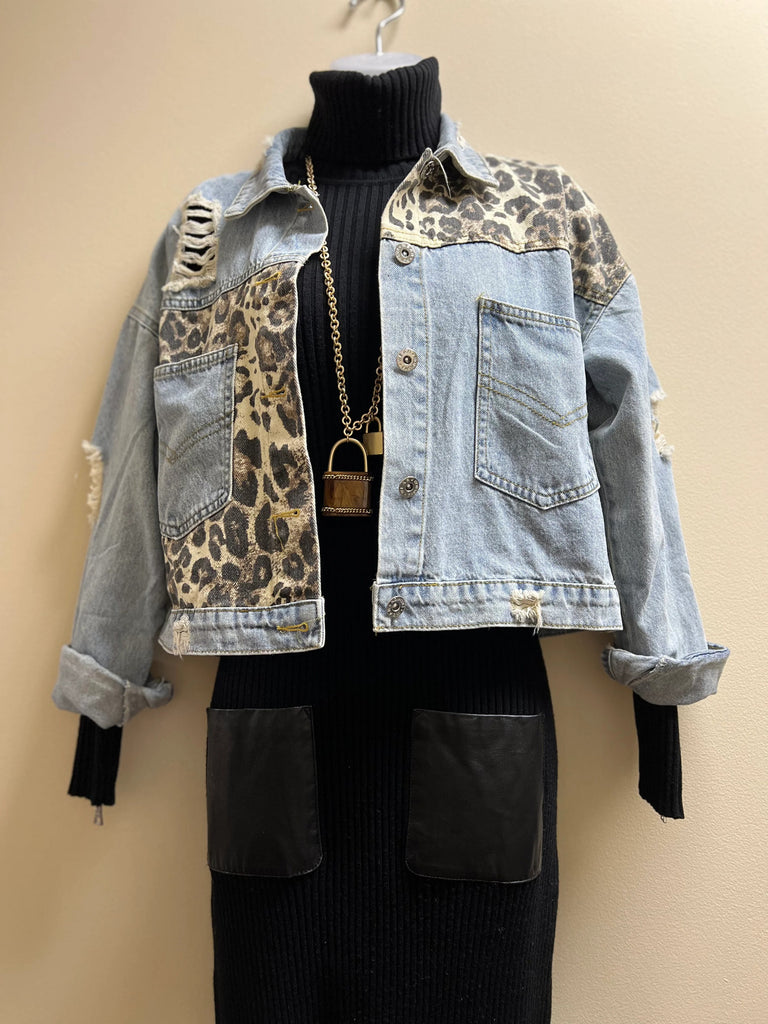 ESLEY - Leopard Splicing Denim Jacket