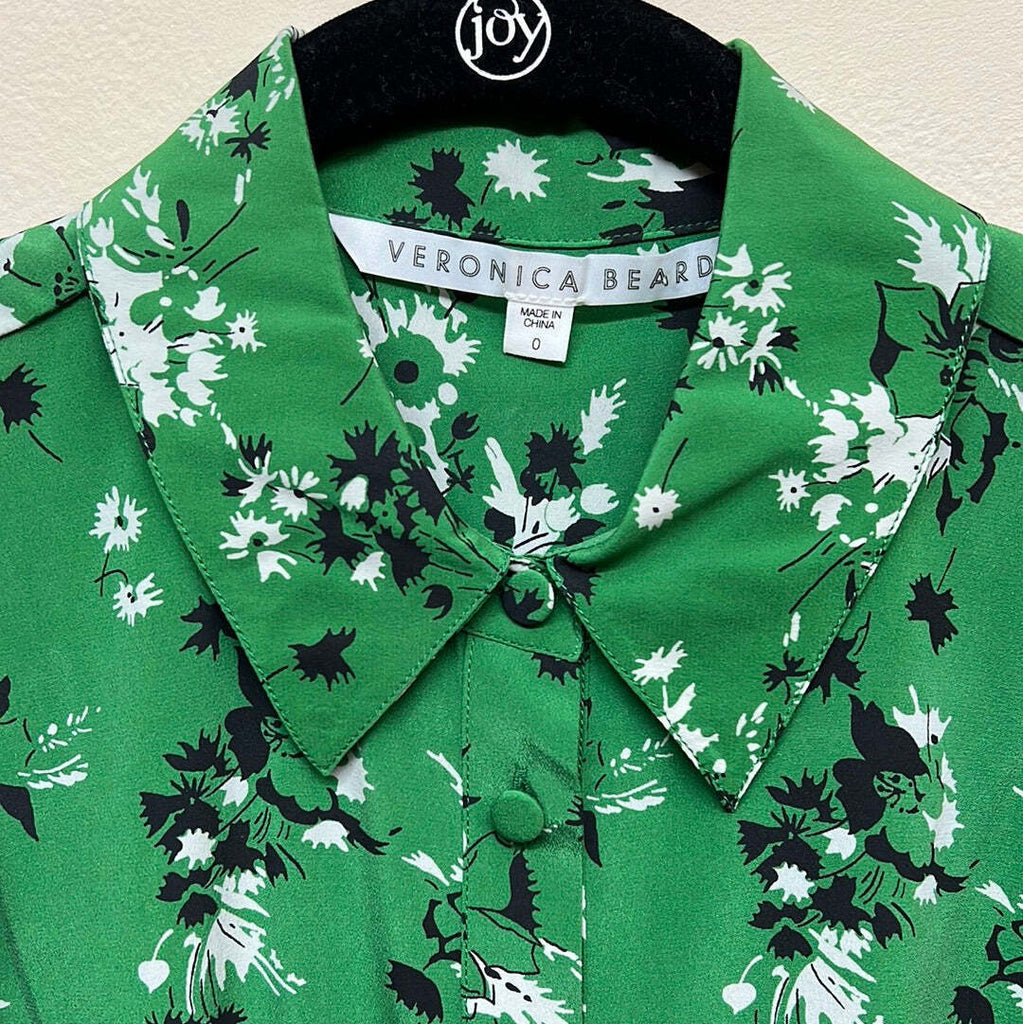 Veronica Beard Green Floral Button-Down Silk Puff Sleeve Blouse Size 0