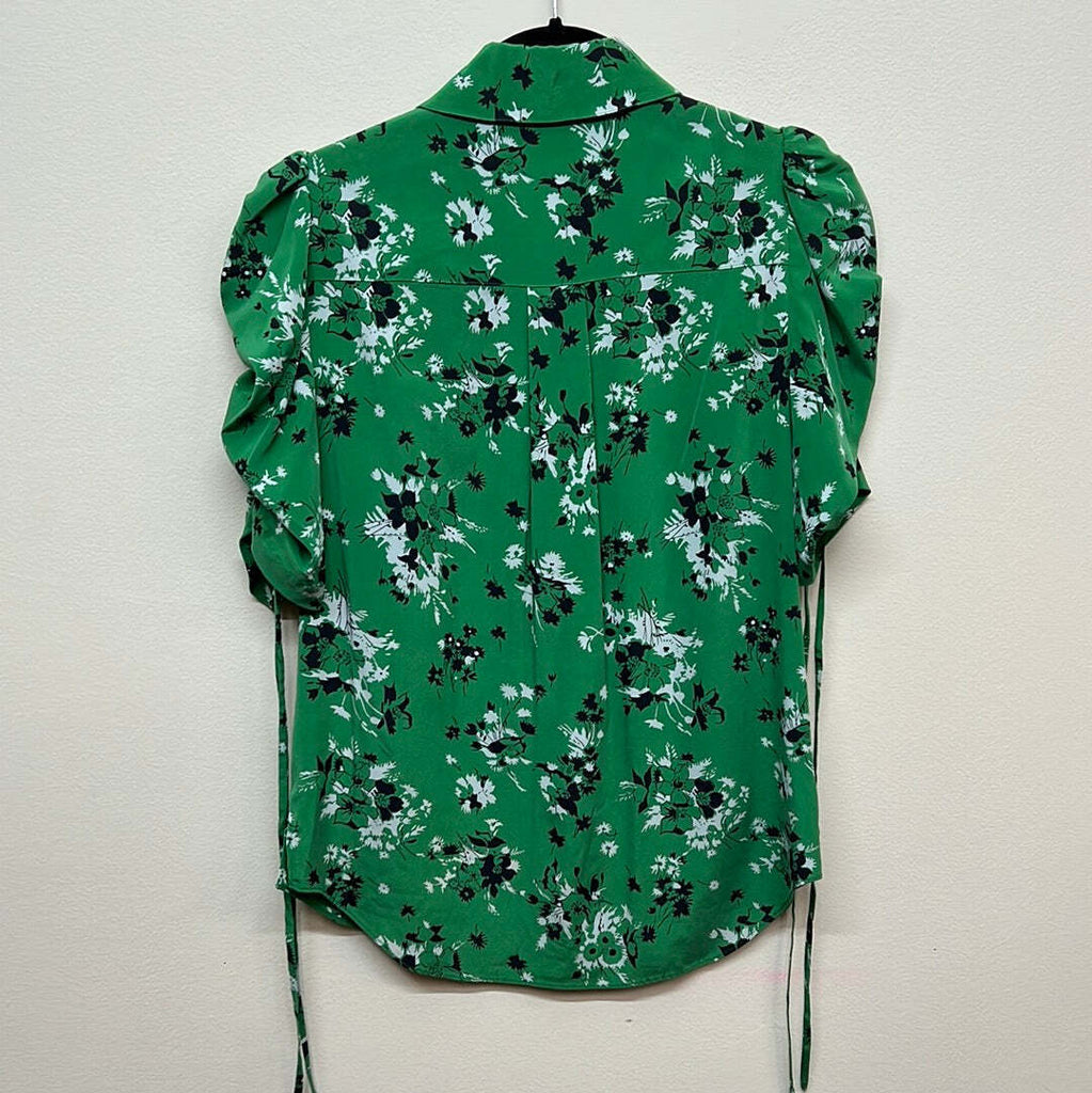 Veronica Beard Green Floral Button-Down Silk Puff Sleeve Blouse Size 0