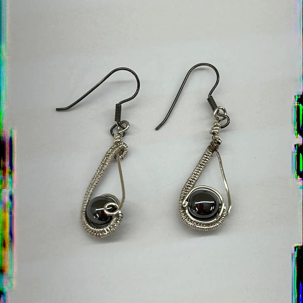 NEW Sterling Silver Wrapped Hematite Drop Earrings
