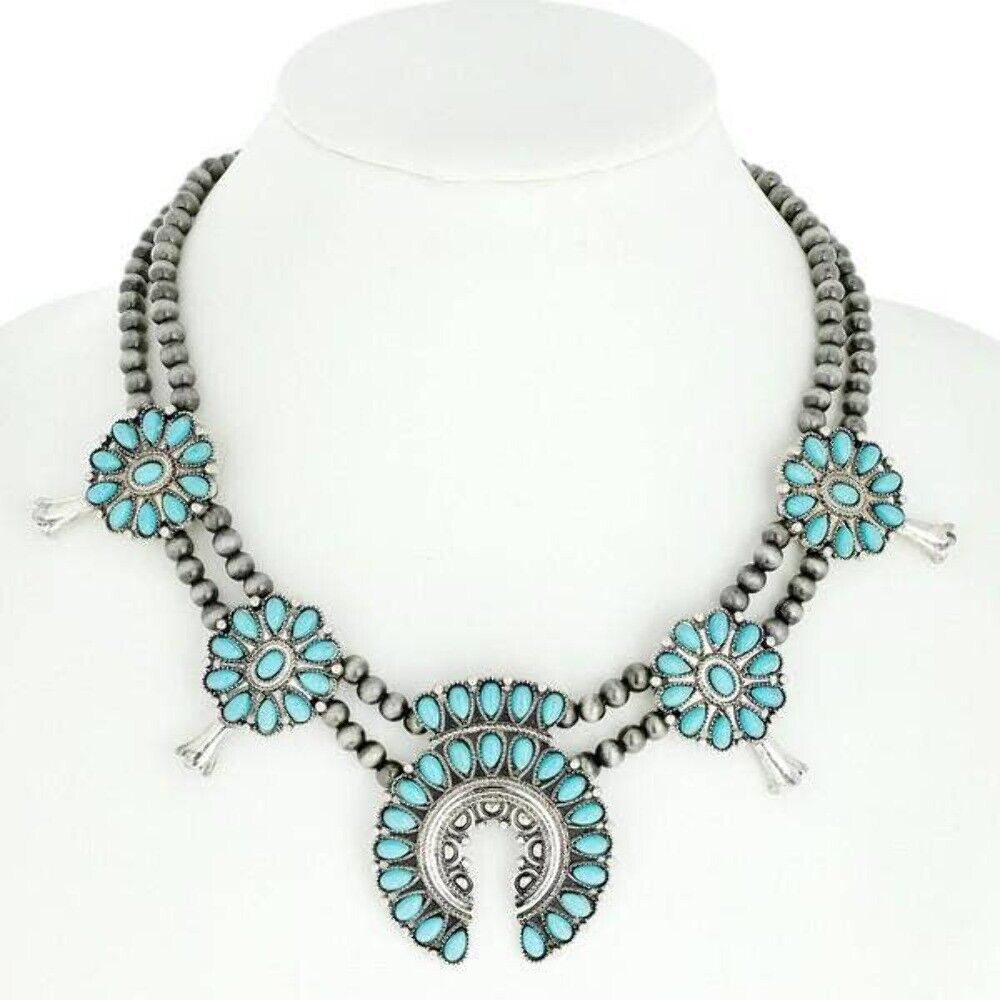 Beautiful Blooms Squash Blossom Necklace - Turquoise