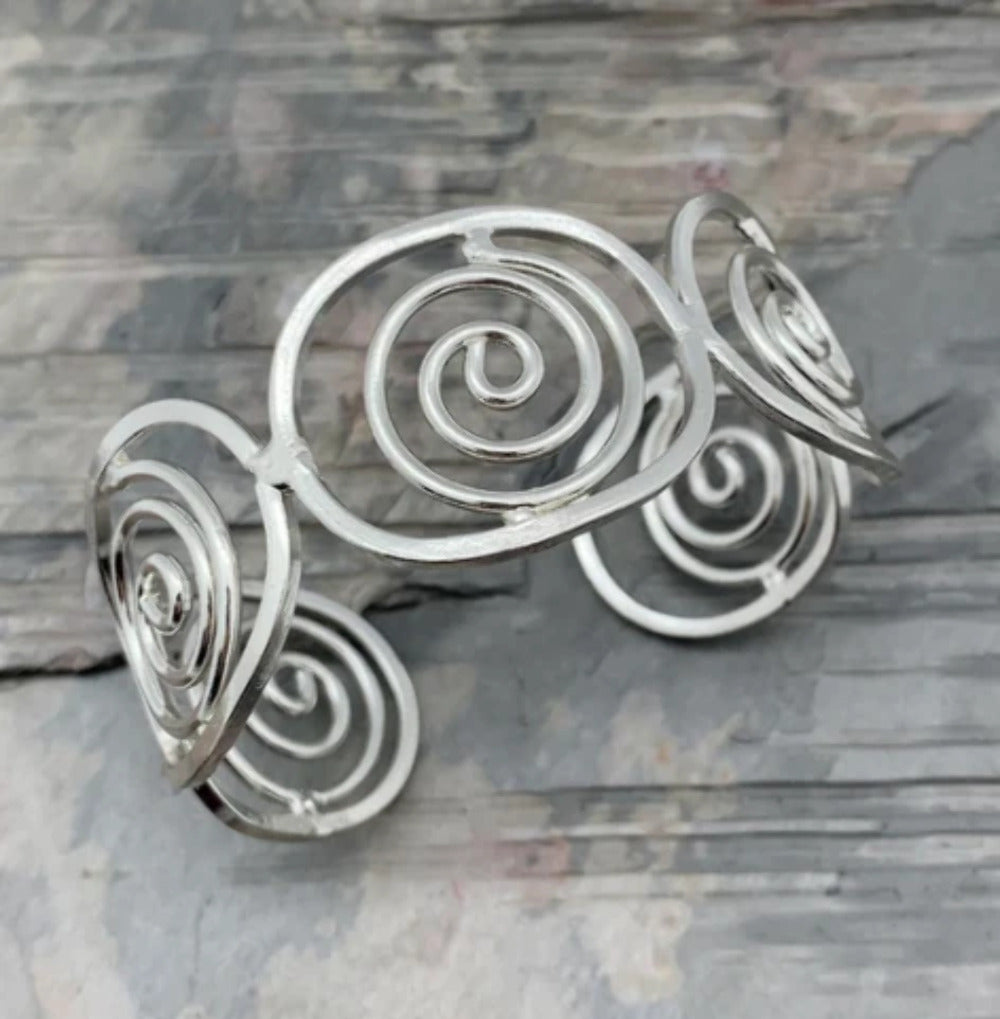 Silver Plated Adjustable Cuff Bracelet - Spiral Ovals