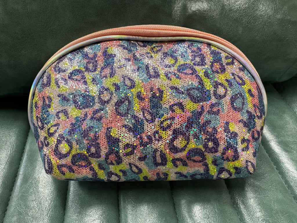 Rainbow Glitter Cheetah Makeup Bag