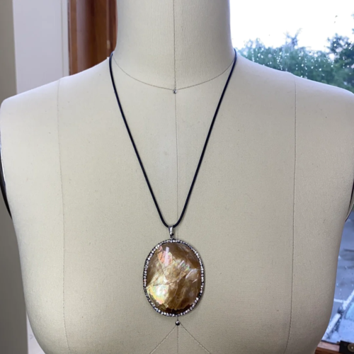 Abalone shell necklace with crystals on black leather cord